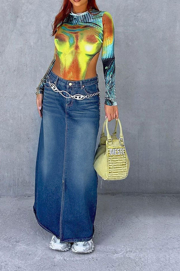 Gradient Urban High Split Denim Skirt