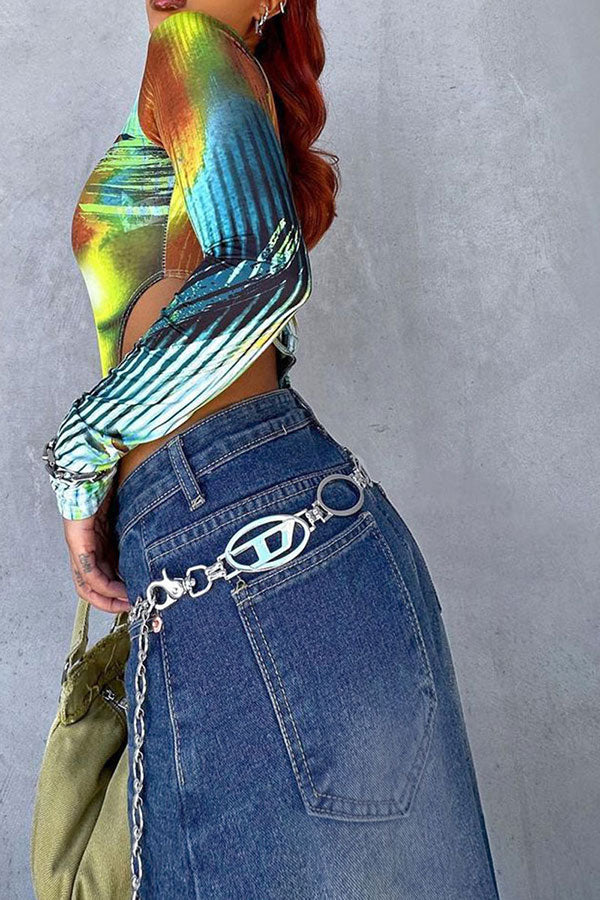 Gradient Urban High Split Denim Skirt