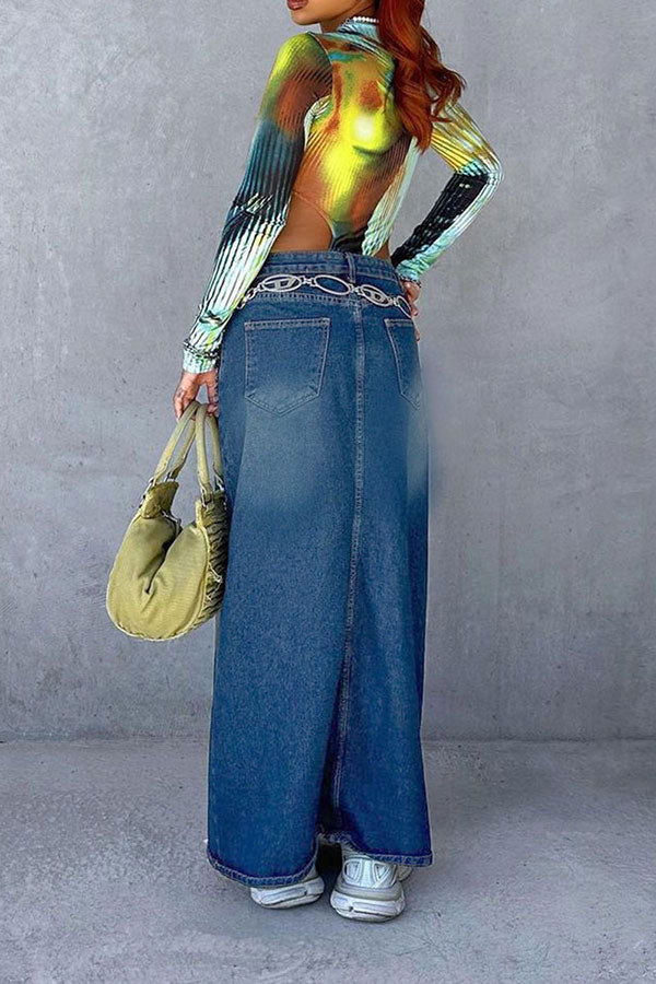 Gradient Urban High Split Denim Skirt