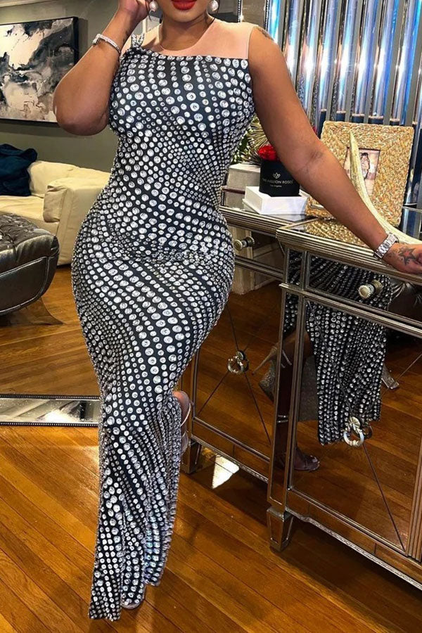 Rhinestone Print Unusual One Shoulder Maxi Dress