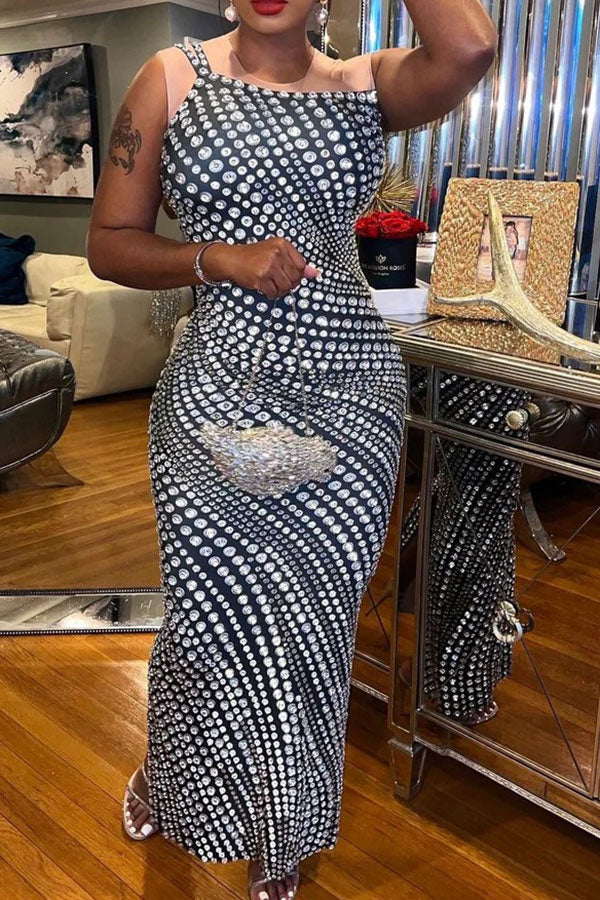 Rhinestone Print Unusual One Shoulder Maxi Dress