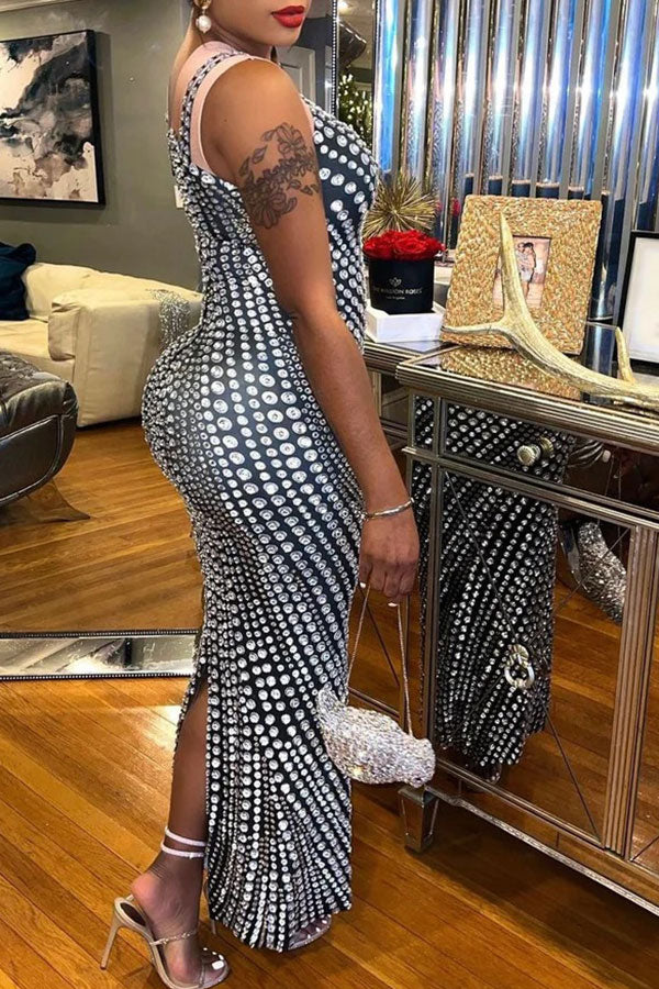 Rhinestone Print Unusual One Shoulder Maxi Dress