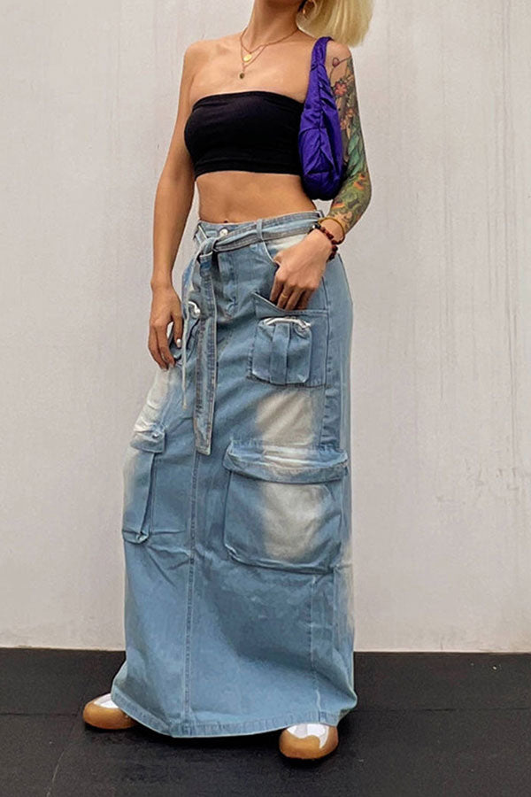 Gradient Punk Multi Pocket Belted Denim Skirt