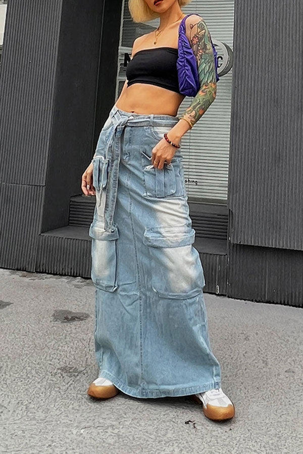 Gradient Punk Multi Pocket Belted Denim Skirt