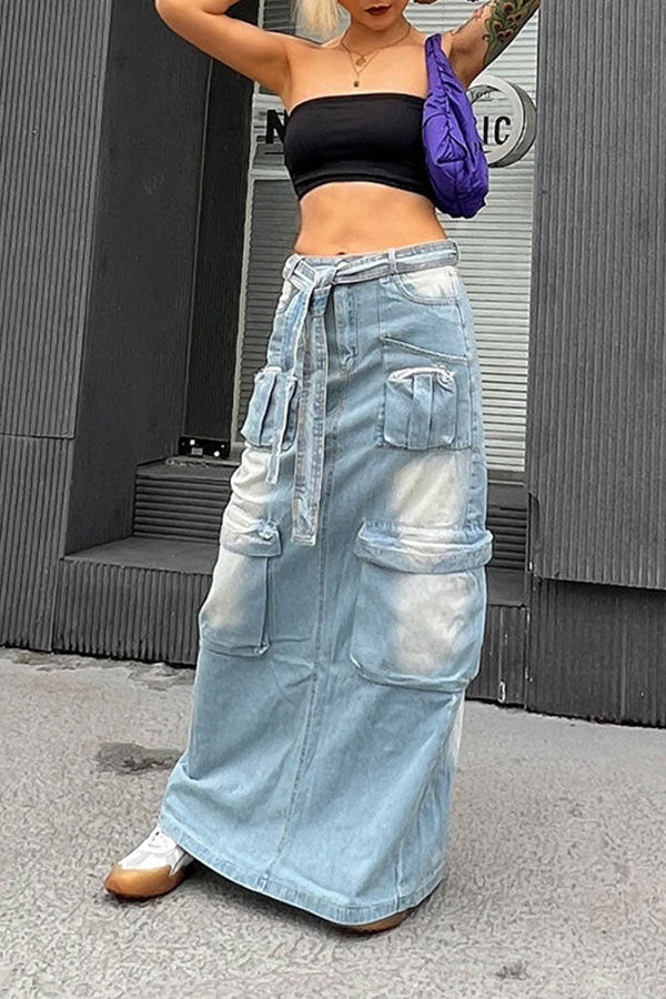 Gradient Punk Multi Pocket Belted Denim Skirt