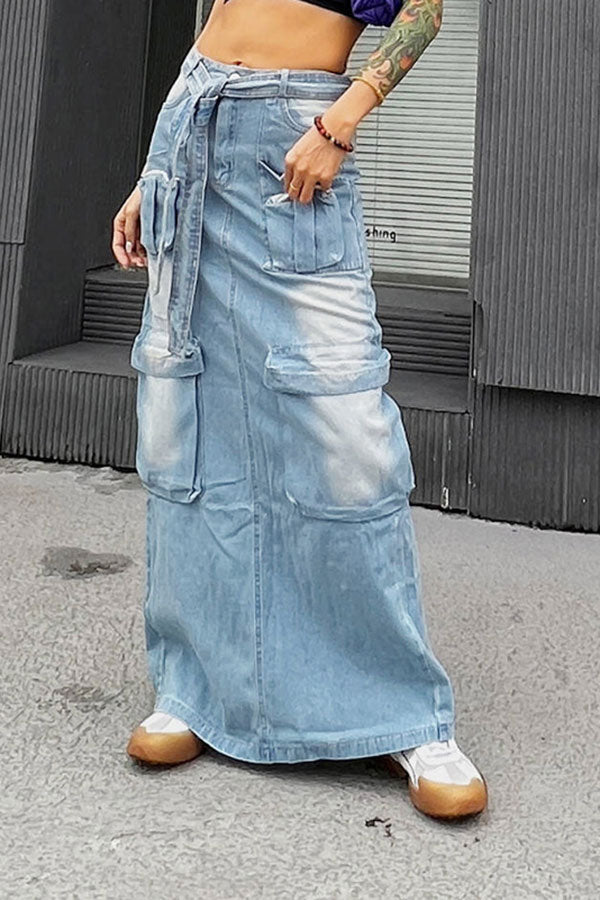 Gradient Punk Multi Pocket Belted Denim Skirt