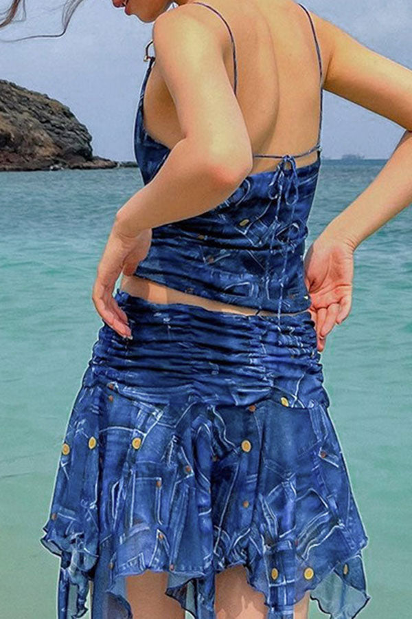 Denim Print Metal Decor Punk Irregular Skirt Suit