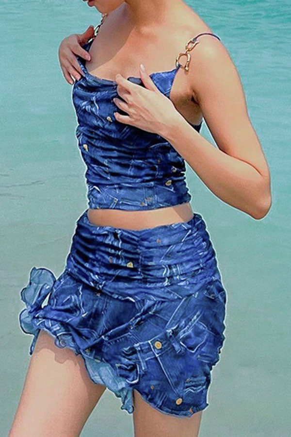 Denim Print Metal Decor Punk Irregular Skirt Suit