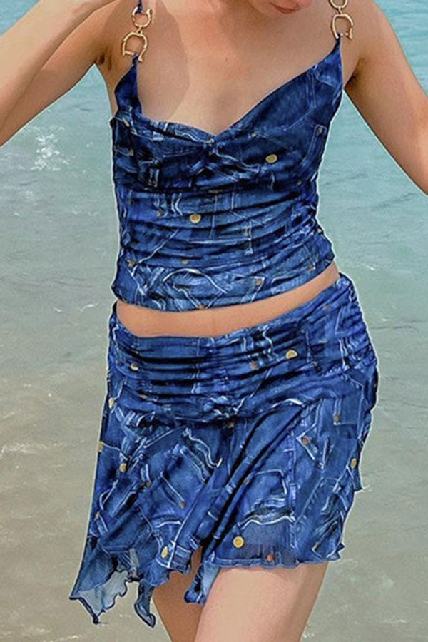 Denim Print Metal Decor Punk Irregular Skirt Suit