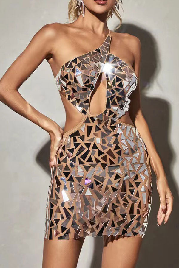 Sequined Sparkly Cutout One Shoulder Mini Dress