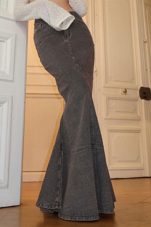 Solid Color Elegant Fishtail Denim Skirt