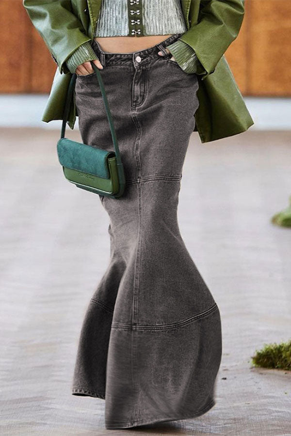 Solid Color Elegant Fishtail Denim Skirt
