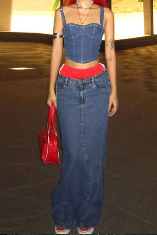 Solid Color Feminine Denim Camisole & Skirt