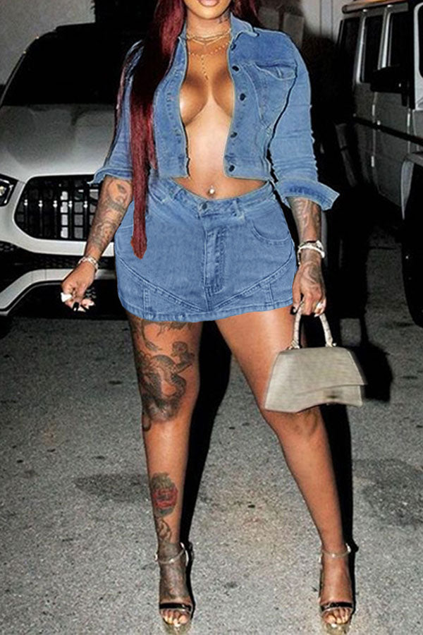 Solid Color Modern Denim Skirt Suit