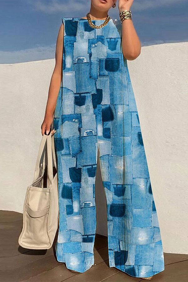 Denim Print Laid Back Wide Leg Jumpsuit