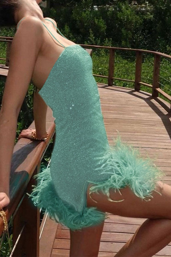 Solid Color Shimmery Feather Hem Mini Dress