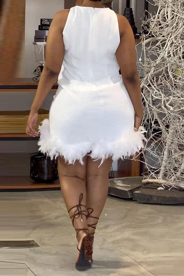 Solid Color Simple Feather Hem Mini Dress