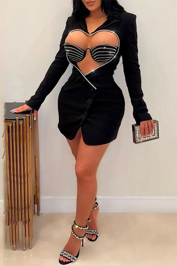 Heart Cutout Rhinestone Decor Unique Mini Dress
