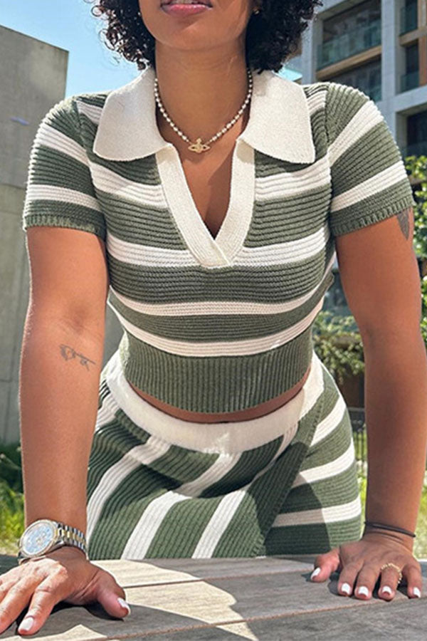 Striped Urban Irregular Knitted Skirt Suit