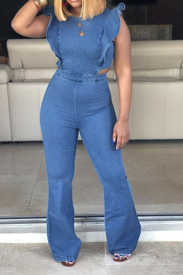 Solid Color Sweet Ruffle Shoulder Denim Jumpsuit