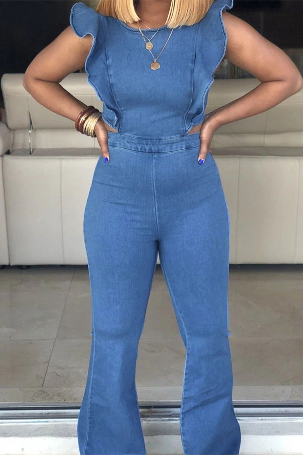 Solid Color Sweet Ruffle Shoulder Denim Jumpsuit