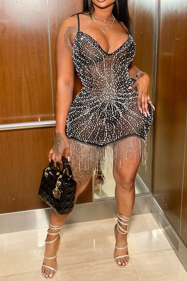 Rhinestone Hot Tassel Irregular See-Through Mini Dress