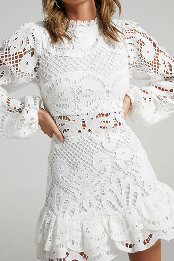 Hollow-Out Lace Girly Ruffle Mini Dress