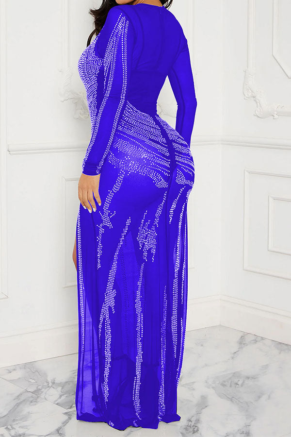 Rhinestone Flattering See-Through High Split Maxi Dress