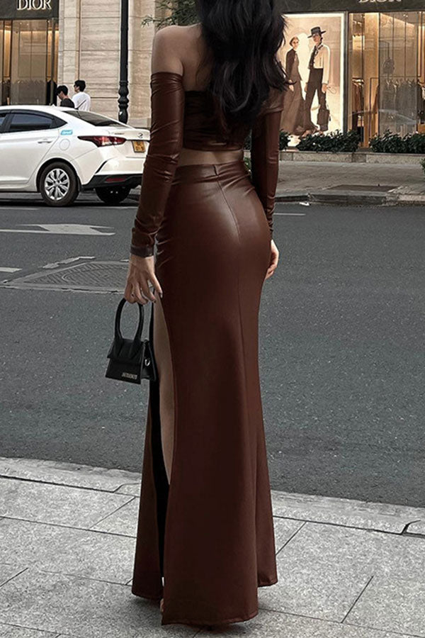 Solid Color Cool High Split Asymmetric PU Skirt Suit