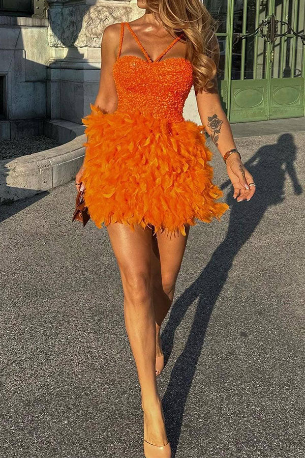 Sequined Patchwork Sweet Feather Mini Dress