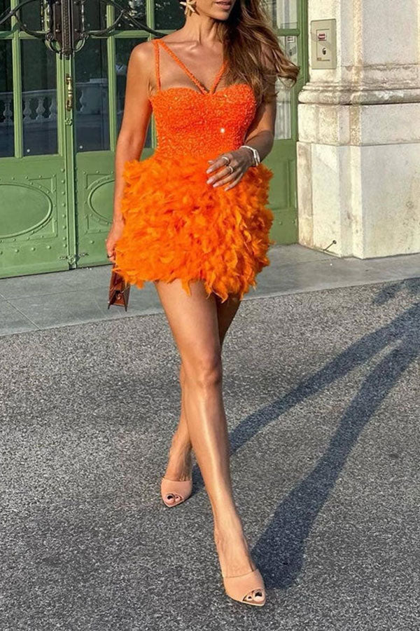 Sequined Patchwork Sweet Feather Mini Dress