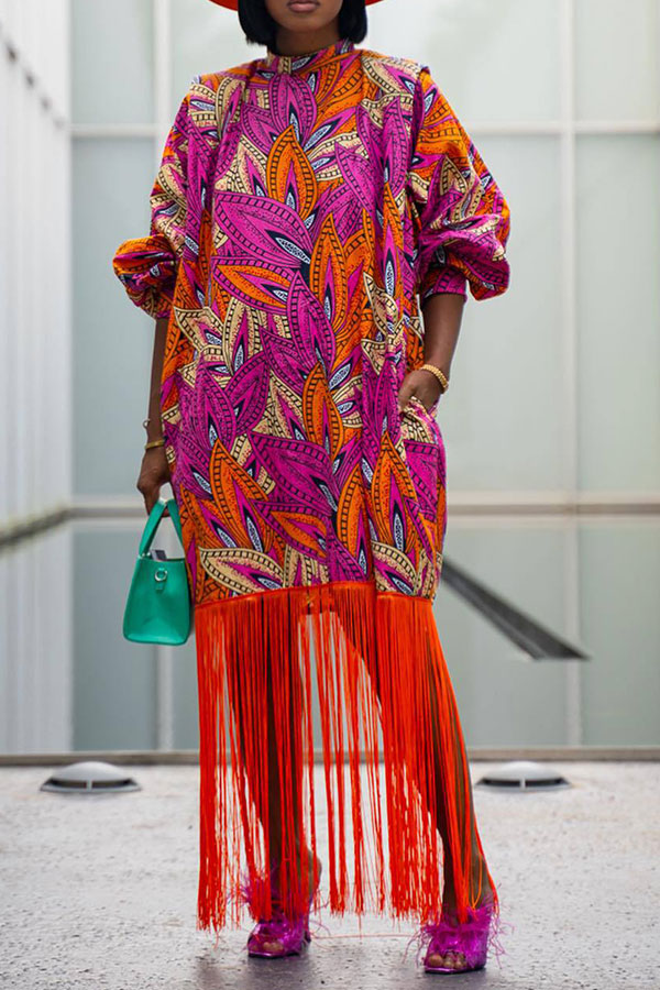 Leaf Print Bohemia Tassel Hem Midi Dress