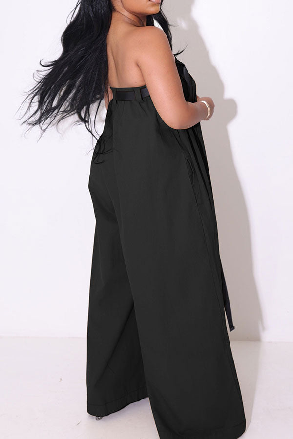 Solid Color Whimsical Wide Leg Jumpsuit With Belt