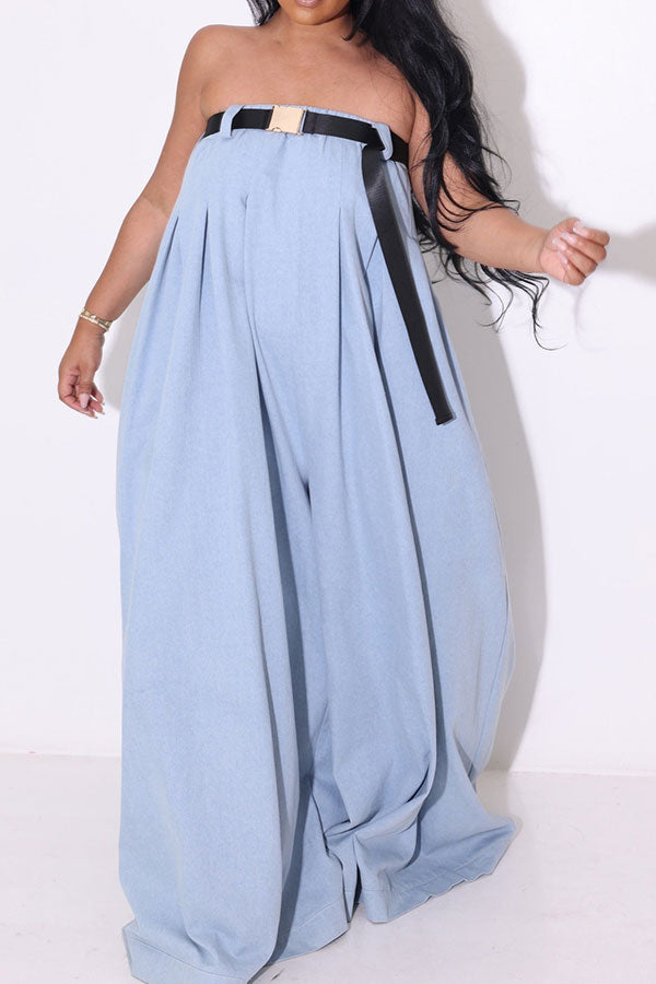 Solid Color Whimsical Wide Leg Jumpsuit With Belt