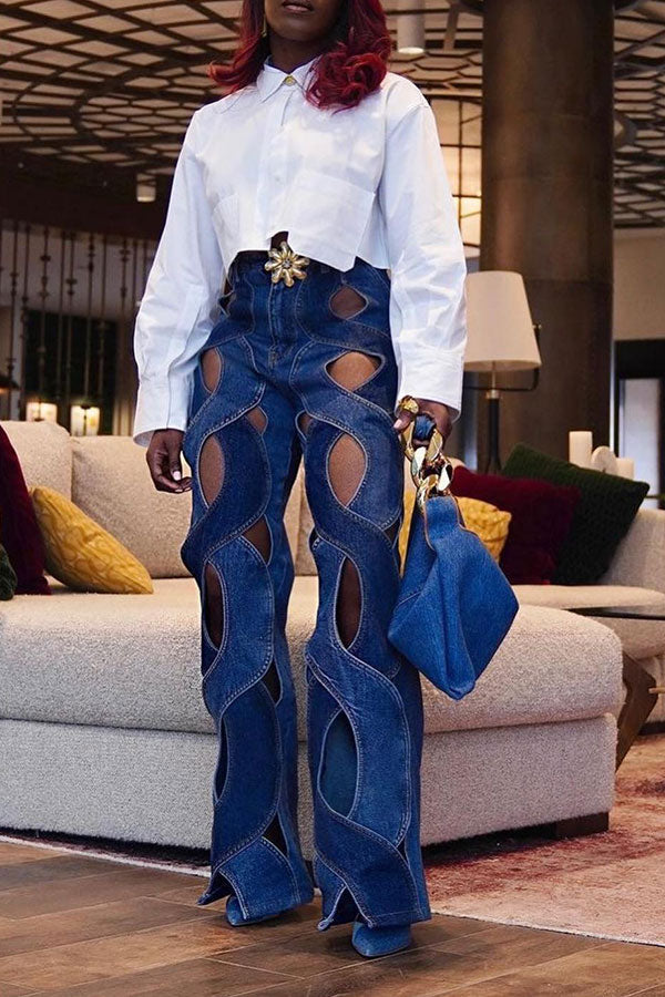 Solid Color Unique Hollow-Out Denim Jeans With Metal Buckle