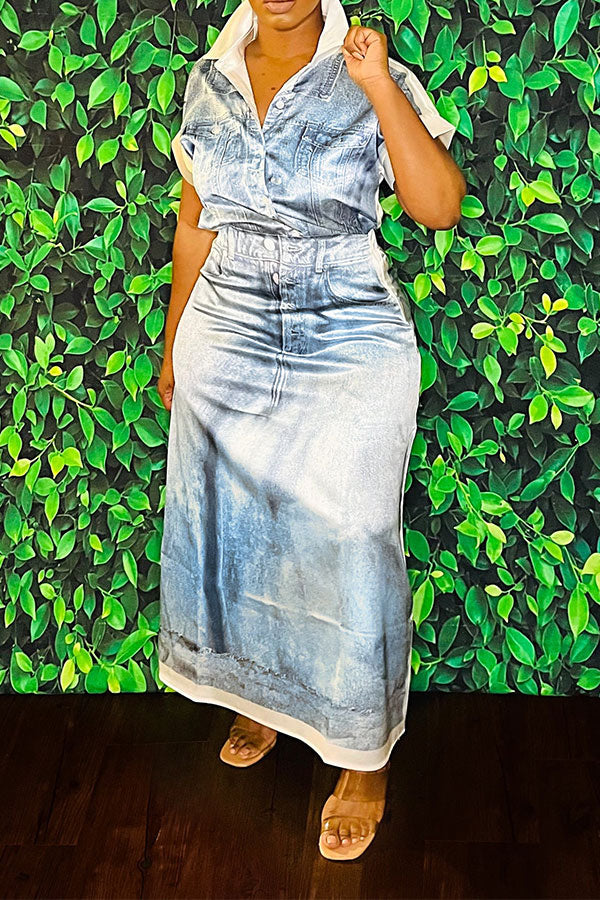 Denim Print Patchwork Unique Skirt Suit