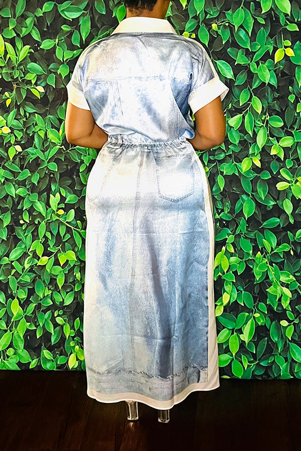 Denim Print Patchwork Unique Skirt Suit