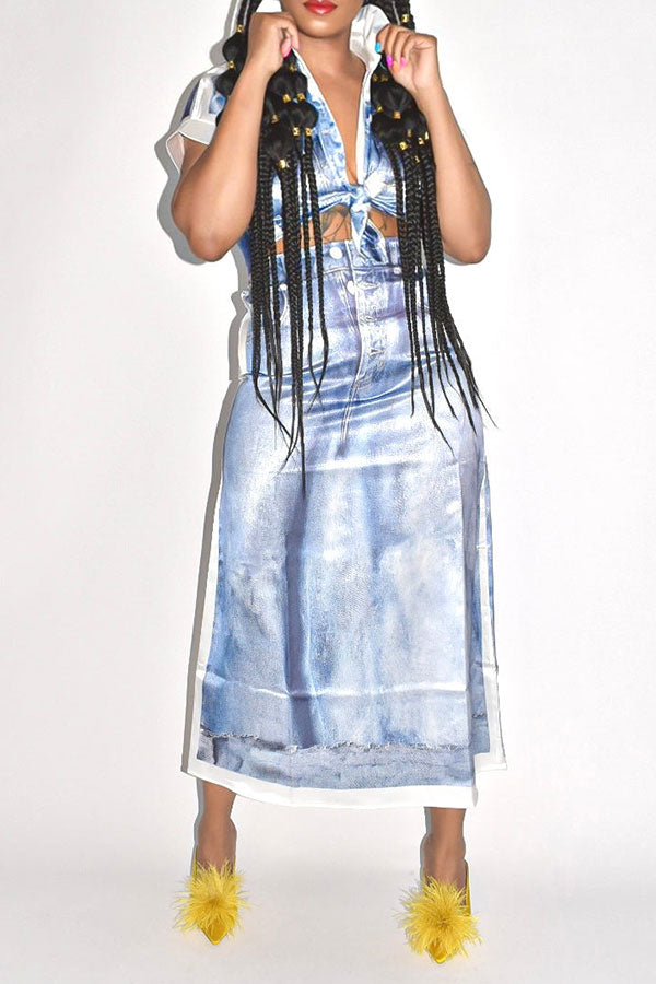 Denim Print Patchwork Unique Skirt Suit