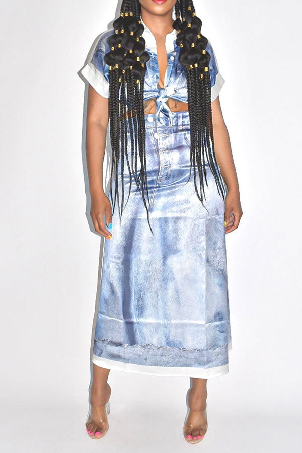 Denim Print Patchwork Unique Skirt Suit