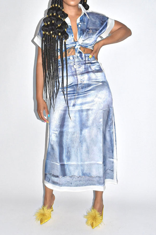 Denim Print Patchwork Unique Skirt Suit