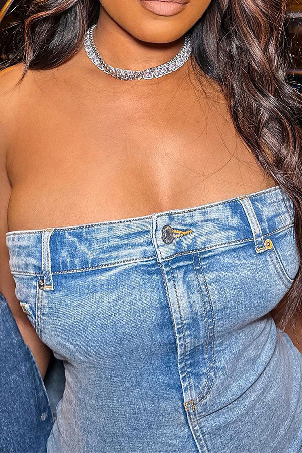 Blue Bandeau Unique Denim Mini Dress