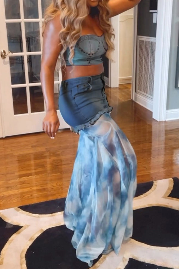 Rivet Design Chic Patchwork Denim Skirt Suit(Sold Separately)