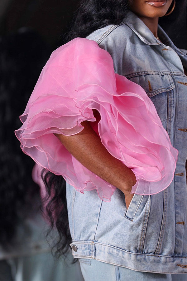 Patchwork Tulle Ruffle Sleeve On-trend Denim Coat