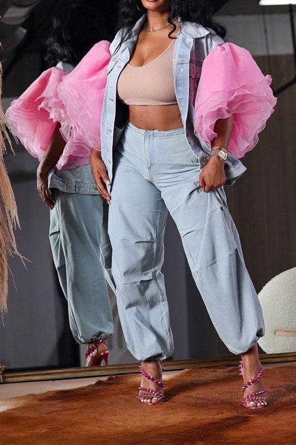 Patchwork Tulle Ruffle Sleeve On-trend Denim Coat